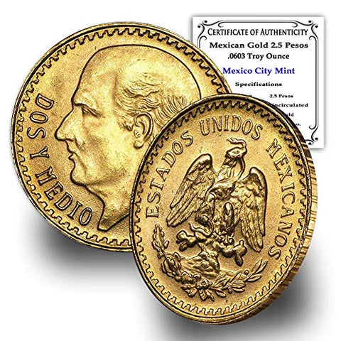 1918-1948 (Random Year) Mexican 1/4 Hidalgo Gold 2.5 Pesos Coin Brilliant Uncirculated with Certificate of Authenticity - Moneda de Oro Puro 2.5 MX BU