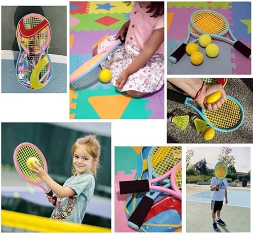 Kids Tennis Rackets with Carrying Bag,Soft Training Balls and Badminton Birdies,12 in 1 Tennis Racquets Gift Set for Children Outdoor Indoor Sports (Blue+Pink,Plastic,17inch)