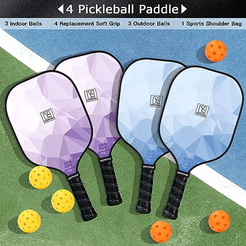 YC DGYCASI Pickleball Paddles Set of 4, USAPA Approved Pickleball Set, Fiberglass Pickle Ball Rackets, 3 Outdoor Pickleball, 3 Indoor Balls, 4 Pickleball Overgrip, 1 Bag for Women and Men
