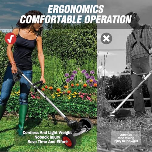 ALSO GO 21V Electric Weed Eater with Wheels,Cordless Battery Weed Wacker with Charger, 3 in 1 Brush Cutter/String Trimmer/Grass Trimmer/Lawn Mower,Edger for Garden and Yard Lawn,2 Batteries Include