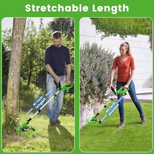 20V 12" Cordless String Trimmer With 2 X 4.0ah Battery and Charger, Electric Grass Trimmer Battery Powered Eater String, Edger Lawn Tool Grass Cutter With 8pcs Line, Lawn Mover For Yard, Garden, Green