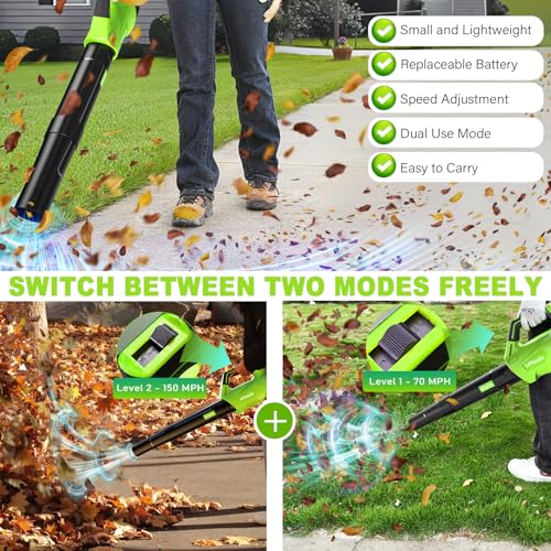 2026 Upgrade Leaf Blower, Leaf Blower Cordless with 2 * 2.6AH Batteries and Fast Charger, 450CFM &150MPH and 2 Speed Mode, Lightweight Electric Leaf Blowers for Lawn,Yard, Leaves, Dust,Snow Care