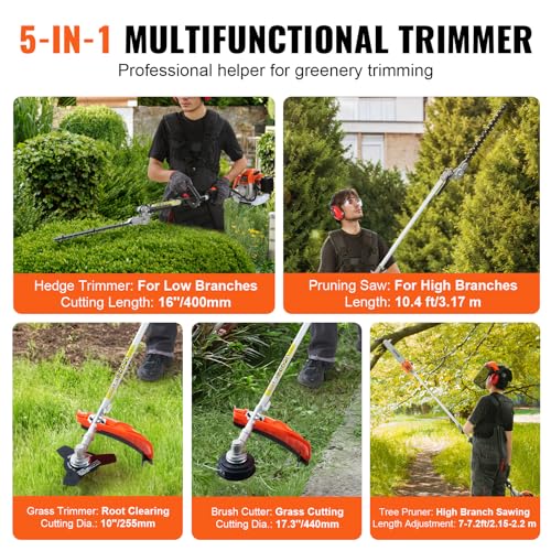 VEVOR 5-in-1 26cc 2 Cycle Gas Powered Dual Sided Hedge Trimmer, Weed Eater, String Trimmer, Edger, Pole Saw Chainsaw Pruner with EPA, CE and EMC Certification