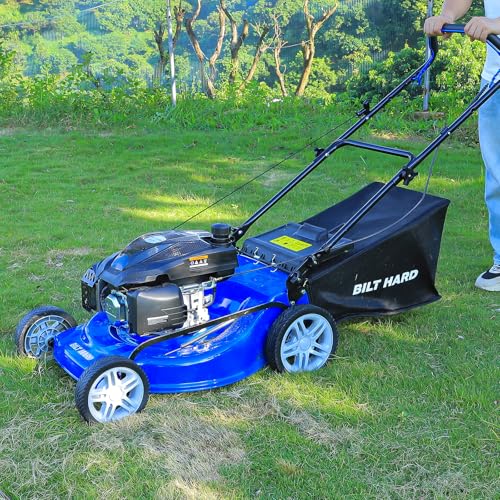 BILT HARD 21 Inch 201cc 4-Cycle Engine Push Lawn Mower, 3-in-1 Gas Lawn Mower with Bagging, Mulching and Side Discharge, Easy Start with Adjustable 8-Positions Cutting Height for Lawn, Yard, Garden