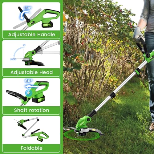 20V 12" Cordless String Trimmer With 2 X 4.0ah Battery and Charger, Electric Grass Trimmer Battery Powered Eater String, Edger Lawn Tool Grass Cutter With 8pcs Line, Lawn Mover For Yard, Garden, Green
