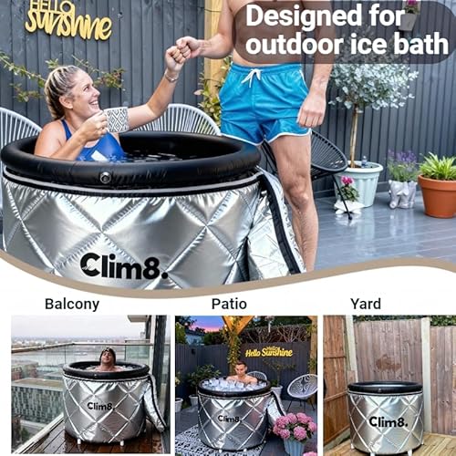 Clim8 Insulated Cold Plunge Tub: Combining an XL Ice Bath Tub & a Thermal UV-Reflective Cover for Indoor and Outdoor Use,Portable Icy Tub with Dual Drain Systerm for Fast and Easy Drainage