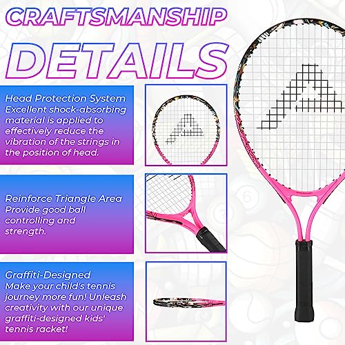 AMA SPORT Kids Tennis Racket for Junior Toddlers Starter Kit 17-25" for Girl Pink and Boy Yellow with 420D Nylon Shoulder Strap Bag, Graffiti Pink 17"