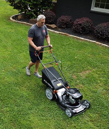 Yard Force Self Propelled Lawn Mower Briggs & Stratton 150cc Gas Engine 22-inch Steel Deck 3-in-1 Mulch, Bag, Side Discharge, 12-inch High Rear Wheels