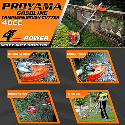PROYAMA 40cc Gas Powered Brush Cutter, 4-Cycle Heavy Duty Weed Eater, 3 in 1 Dual Line Gas String Trimmer and Grass Trimmer, Weed Wacker