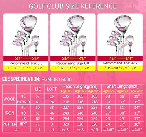 PGM Junior Golf Club Complete Set Includes Driver, Hybrid, 7, 9, Wedge Irons, Putter, Stand Bag Right Handed for Children Kids 6-8, 6 Pieces Youth Golf Clubs with 2 Headcovers for Boys & Girls