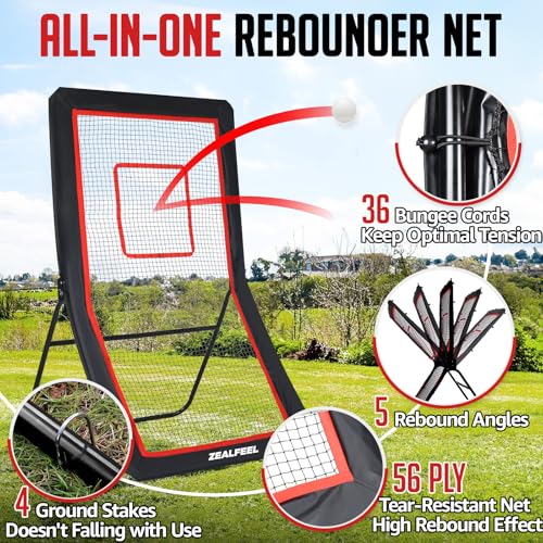 ZEALFEEL Lacrosse Rebounder, 4x7FT Volleyball Rebounder for Backyard with 5 Rebound Angles, Target Strip, Lacrosse Rebound Net Perfect for Lax Baseball Volleyball & Soccer Practice