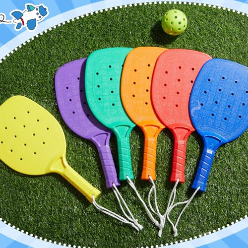Seenelling Plastic Paddleball Racket PE Equipment for Elementary School with Lanyard Classes Equipment, 15.2 x 7.5 Inches (Yellow Orange Purple Red Blue Green,12 Pcs)