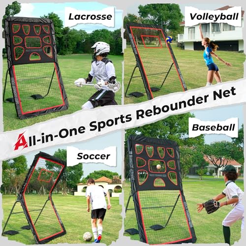 Heavy-Duty Lacrosse Rebounder for Backyard 4x7 ft Volleyball Rebounder Net Bounce Back with Adjustable Angles for Lacrosse Volleyball Baseball Soccer Includes Removable Target Net (Red)