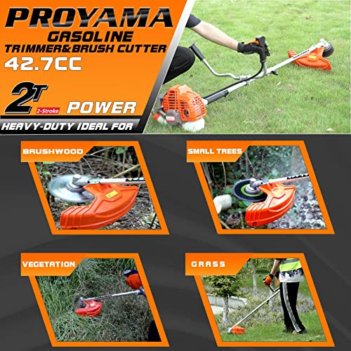 PROYAMA 42.7cc Gas Weed Wacker, 3 in 1 Heavy Duty Weed Eater Gas Powered, Brush Cutter and 2-Cycle String Trimmer Machine with Metal Blades for Lawn Care, 5 Year Warranty Gearbox