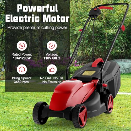 Toolsempire Electric Lawn Mower, 13" Corded Lawnmower with 10 Amp Copper Motor, 6.6-Gallon Grass Collection Box & 3-Position Heights, Push Lawn Mower Electric De-Thatcher for Garden & Farmyard (Red)