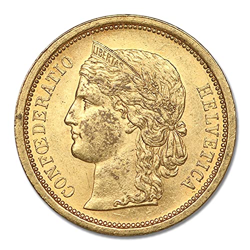 1886-1895 CH Swiss Gold Crowned Head Helvetica Extra Fine to About Uncirculated 20 FR XF-AU