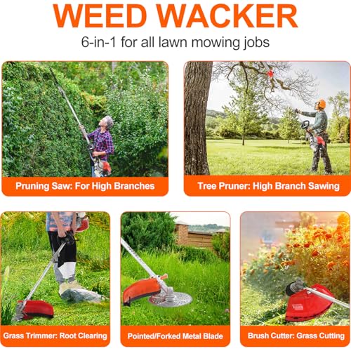 curfair 52cc 2-Cycle Weed Eater Gas Powered, 6-in-1 Gas Weed Wacker, Brush Cutter Gas Trimmer for Grass and Weed, Hedge Trimmer String Trimmer, Edger, Pole Saw & Pruner Red