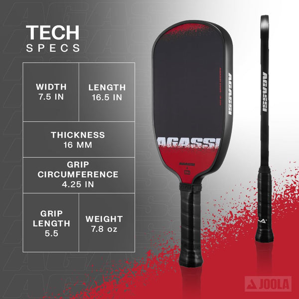 JOOLA Agassi Edge 16mm Pickleball Paddle - Carbon Fiber Pickleball Racket Surface Increases Spin & Control - Agassi Shape with Extended Sweet Spot - UPA-A Certified - USAP Approved - NFC Chip Enabled