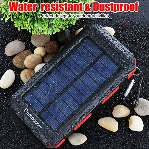 Solar Charger Power Bank, 20000mAh Portable Outdoor Waterproof Solar Battery Charger, Camping External Backup Battery Pack USB C Ports Input/Output, 2 Led Light Flashlight with Compass (Red)