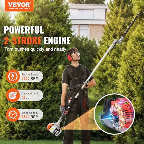 VEVOR 52cc Gas-Powered 6-in-1 Multi-Functional Trimmer - Hedge Trimmer, Brush Cutter, Weed Eater, Edger, Pole Saw & Chainsaw Pruner, EPA, CE & EMC Certified