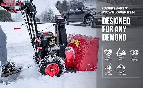 PowerSmart 24-Inch Gas Snow Blower, Self-Propelled Powered by B&S 208cc Engine, 13-Inch Snow Tires, Handle Warmer, Two-Stage Snow Blowers with LED Lights