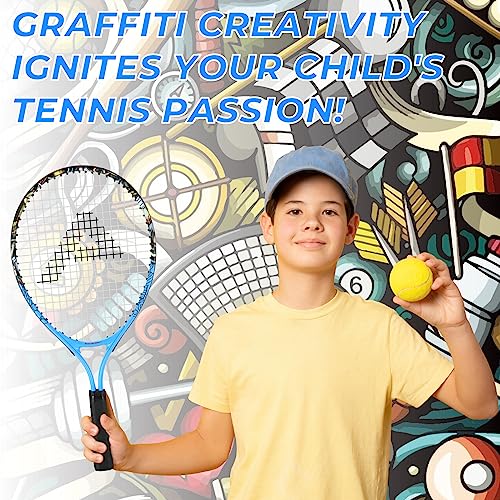 AMA SPORT Kids Tennis Racket for Junior Toddlers Starter Kit 17-25" for Girl Pink and Boy Blue with 420D Nylon Shoulder Strap Bag, Graffiti Blue 17"