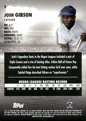 2023 Stadium Club #9 Josh Gibson MLB Baseball Base Trading Card