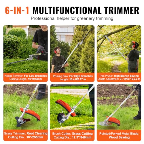 VEVOR 52cc Gas-Powered 6-in-1 Multi-Functional Trimmer - Hedge Trimmer, Brush Cutter, Weed Eater, Edger, Pole Saw & Chainsaw Pruner, EPA, CE & EMC Certified