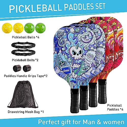 Pickleball Paddles Set of 4 with 4 Premium Wood Paddles & 4 Pickleballs & 2 Handle Grips Tape & 2 Pickleball Belts & Carry Bag for Beginners Men Women Adults(Skull Pattern)
