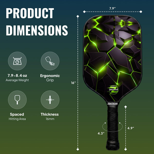 Zentrova Pickleball Paddles Set of 2, Fiberglass Surface w/PP Honeycomb Core Pickleball Rackets, Lightweight Pickle Ball Paddle w/4 Balls, 2 Overgrips, 2 Wristbands & Carry Bag – for Men & Women