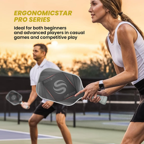 Ergonomicstar Pickleball Paddles Set of 2, T700 Carbon Fiber Lightweight 16MM PP Honeycomb Core Pickleball Rackets with 4 Balls 2 Grip Tapes and 1 Carry Bag for Beginner to Advanced - Grey&Orange
