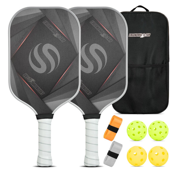 Ergonomicstar Pickleball Paddles Set of 2, T700 Carbon Fiber Lightweight 16MM PP Honeycomb Core Pickleball Rackets with 4 Balls 2 Grip Tapes and 1 Carry Bag for Beginner to Advanced - Grey&Orange