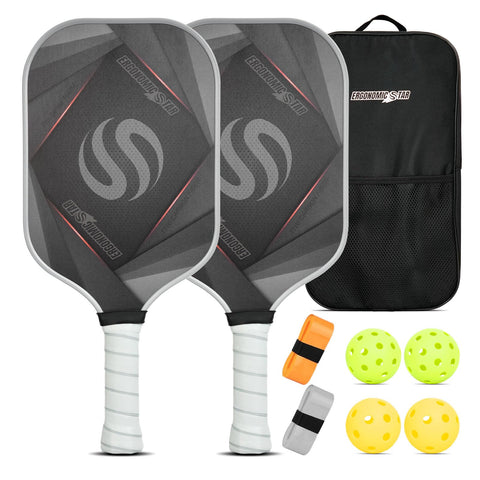 Ergonomicstar Pickleball Paddles Set of 2, T700 Carbon Fiber Lightweight 16MM PP Honeycomb Core Pickleball Rackets with 4 Balls 2 Grip Tapes and 1 Carry Bag for Beginner to Advanced - Grey&Orange