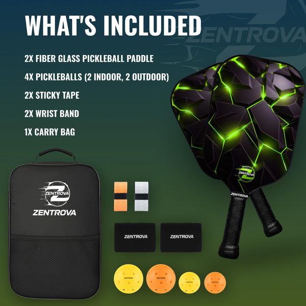 Zentrova Pickleball Paddles Set of 2, Fiberglass Surface w/PP Honeycomb Core Pickleball Rackets, Lightweight Pickle Ball Paddle w/4 Balls, 2 Overgrips, 2 Wristbands & Carry Bag – for Men & Women