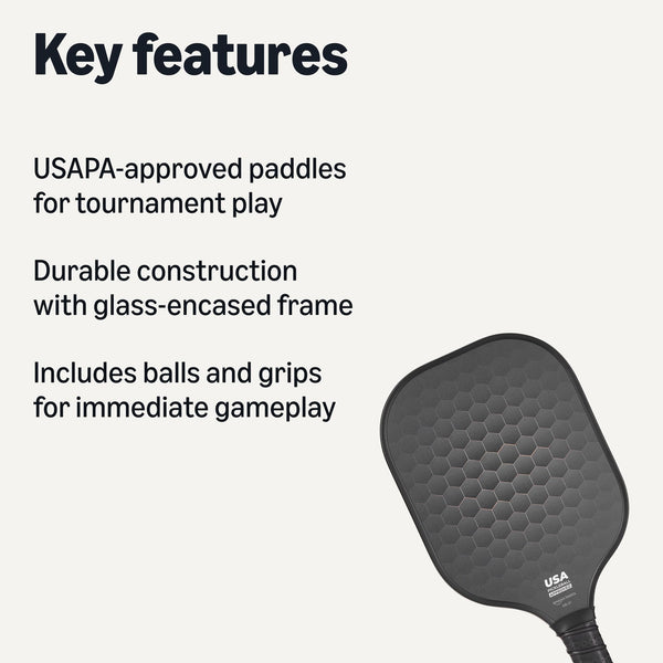 Amazon Basics Pickleball Paddles Set of 2, USAPA Approved Carbon Fiber Paddle with 4 Balls, Lightweight Pickle Ball Rackets, Carry Bag & Grips, Black