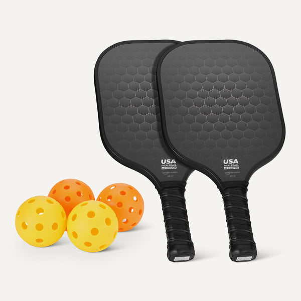Amazon Basics Pickleball Paddles Set of 2, USAPA Approved Carbon Fiber Paddle with 4 Balls, Lightweight Pickle Ball Rackets, Carry Bag & Grips, Black