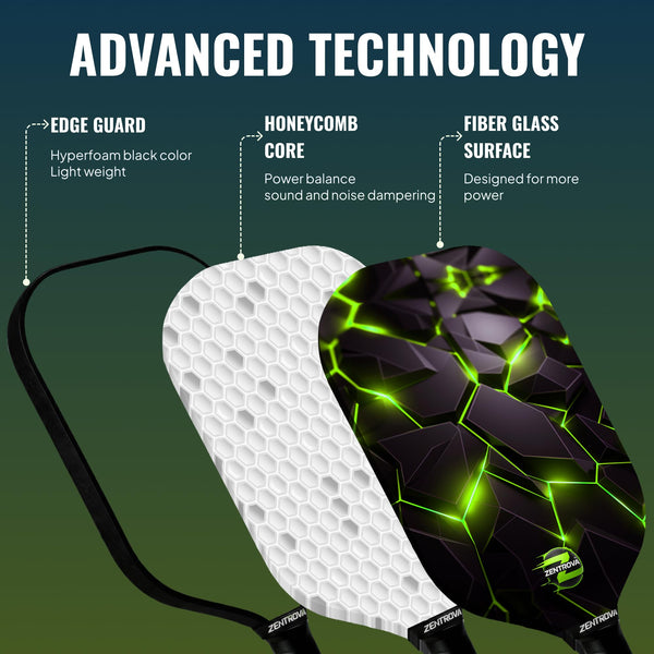 Zentrova Pickleball Paddles Set of 2, Fiberglass Surface w/PP Honeycomb Core Pickleball Rackets, Lightweight Pickle Ball Paddle w/4 Balls, 2 Overgrips, 2 Wristbands & Carry Bag – for Men & Women