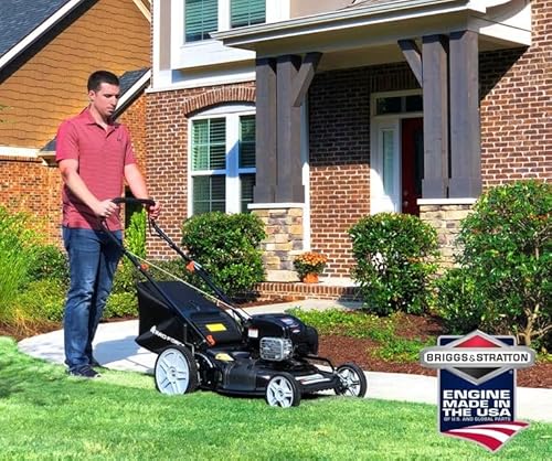 Yard Force Self Propelled Lawn Mower Briggs & Stratton 150cc Gas Engine 22-inch Steel Deck 3-in-1 Mulch, Bag, Side Discharge, 12-inch High Rear Wheels