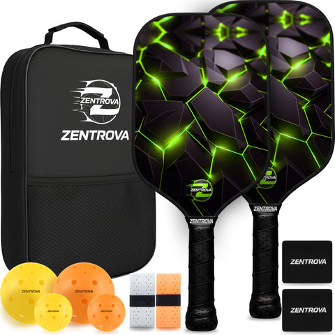 Zentrova Pickleball Paddles Set of 2, Fiberglass Surface w/PP Honeycomb Core Pickleball Rackets, Lightweight Pickle Ball Paddle w/4 Balls, 2 Overgrips, 2 Wristbands & Carry Bag – for Men & Women