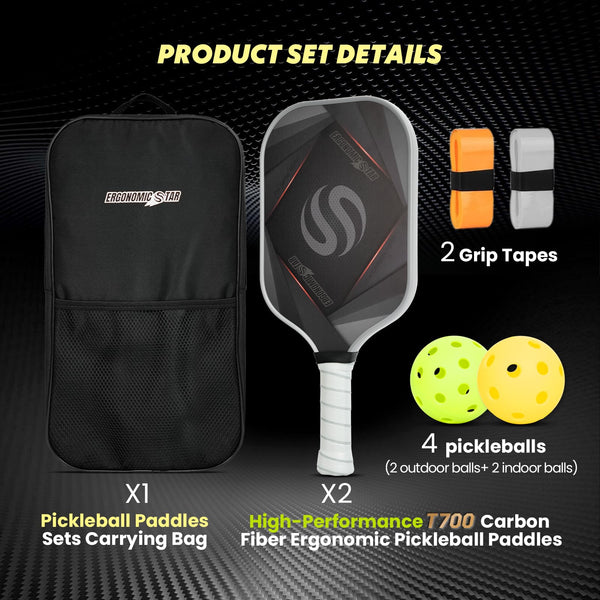 Ergonomicstar Pickleball Paddles Set of 2, T700 Carbon Fiber Lightweight 16MM PP Honeycomb Core Pickleball Rackets with 4 Balls 2 Grip Tapes and 1 Carry Bag for Beginner to Advanced - Grey&Orange