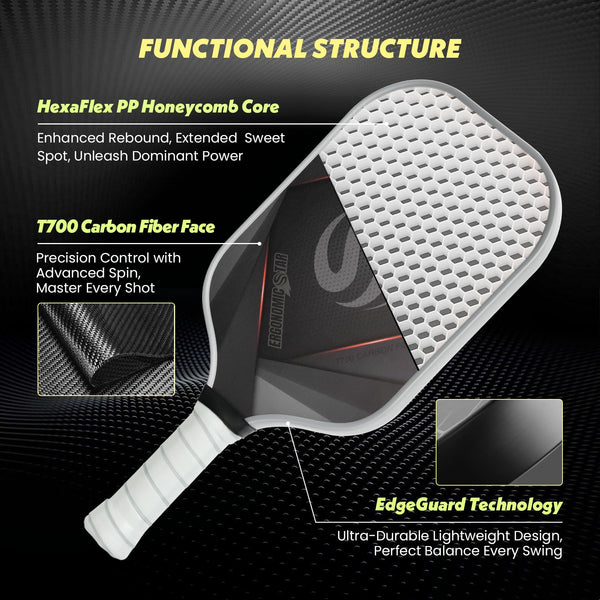 Ergonomicstar Pickleball Paddles Set of 2, T700 Carbon Fiber Lightweight 16MM PP Honeycomb Core Pickleball Rackets with 4 Balls 2 Grip Tapes and 1 Carry Bag for Beginner to Advanced - Grey&Orange
