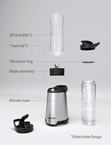 SHARDOR Personal Blender, Smoothie Blender with 2 BPA-Free Portable 20oz Travel Cups for Juice Shakes, Smoothies, Food Prep, 300W, Silver