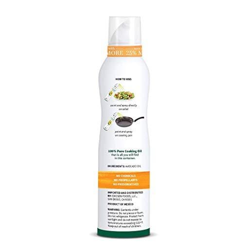 Chosen Foods 100% Pure Avocado Oil Spray 6 oz., Non-GMO, 500° F Smoke Point, Propellant-Free, Air Pressure Only for High-Heat Cooking, Baking and Frying