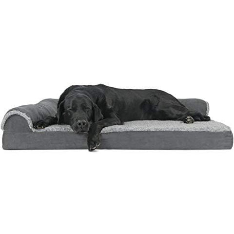 FurHaven Pet Dog Bed | Deluxe Orthopedic Faux Fur & Suede L-Shaped Chaise Lounge Sofa-Style Pet Bed for Dogs & Cats, Stone Gray, Jumbo