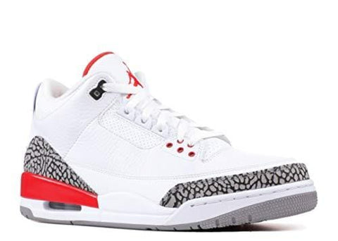 Jordan Nike Mens Air 3 Retro Powder White/Fire Red-Cement Grey Leather Basketball Shoes (10.5 M US, White/Fire Red-Cement Grey)