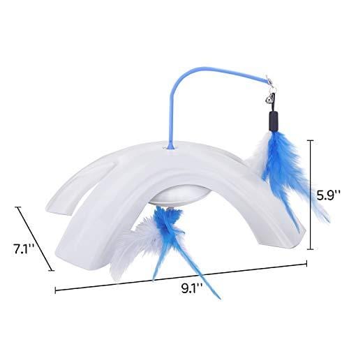 PAWABOO Pet Teasing Toy, Feather Whirl Teaser Spin Cat Toy Quadripod Electronic Interactive Chase Rotating Feather Toys for Pet Cat Kitten Play Fun Exercise - White & Blue