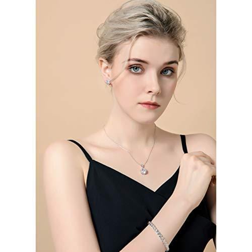 AMYJANE Crystal Jewelry Set Bride Bridesmaid- Sterling Silver Round Cubic Zirconia Crystal cz Bridal Pendant Necklace Earrings Set for Women Party Prom