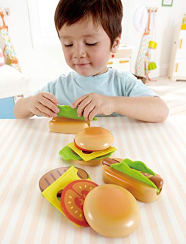 Hape Hamburger and Hot Dogs Wooden Play Kitchen Food Set with Accessories