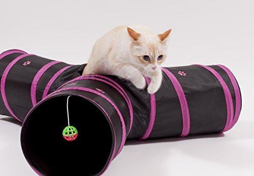 Prosper Pet Cat Tunnel - Collapsible 3 Way Play Toy - Interactive Tube Toys for Rabbits, Kittens, and Dogs - Black/Pink