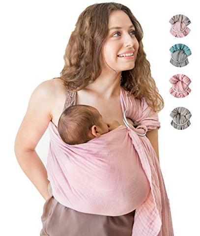 Baby Wrap Carrier Ring Sling- Special Wrinkled Pre-Washed Lightweight and Soft Turkish Cotton Muslin Pink-for Newborns, Infants- Baby Shower Gift